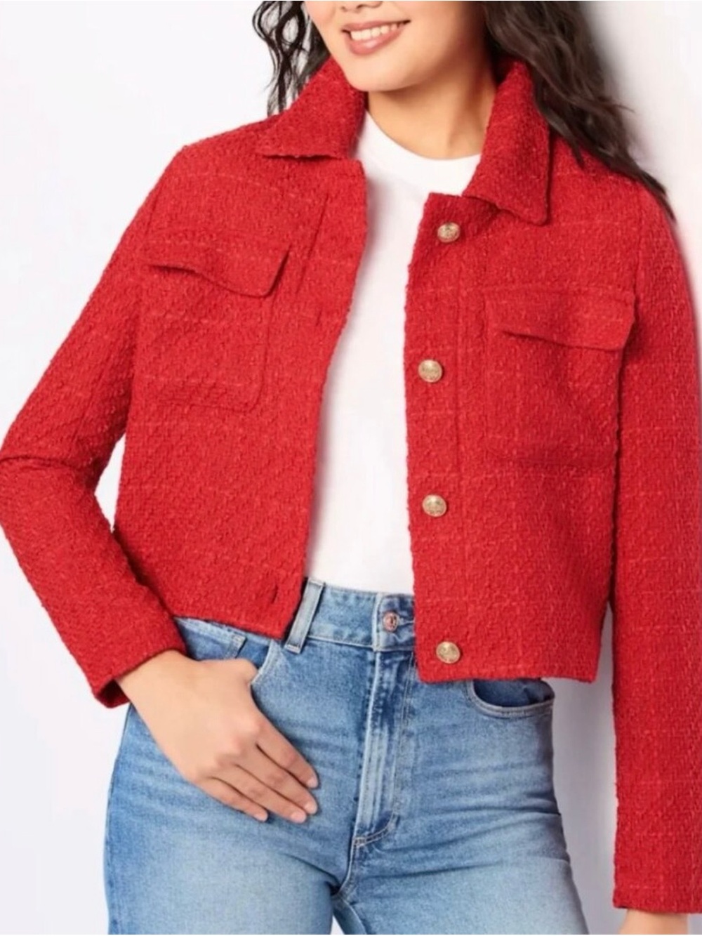 VIGOSS  NWTWomen's Red Bouclé Crop Jacket